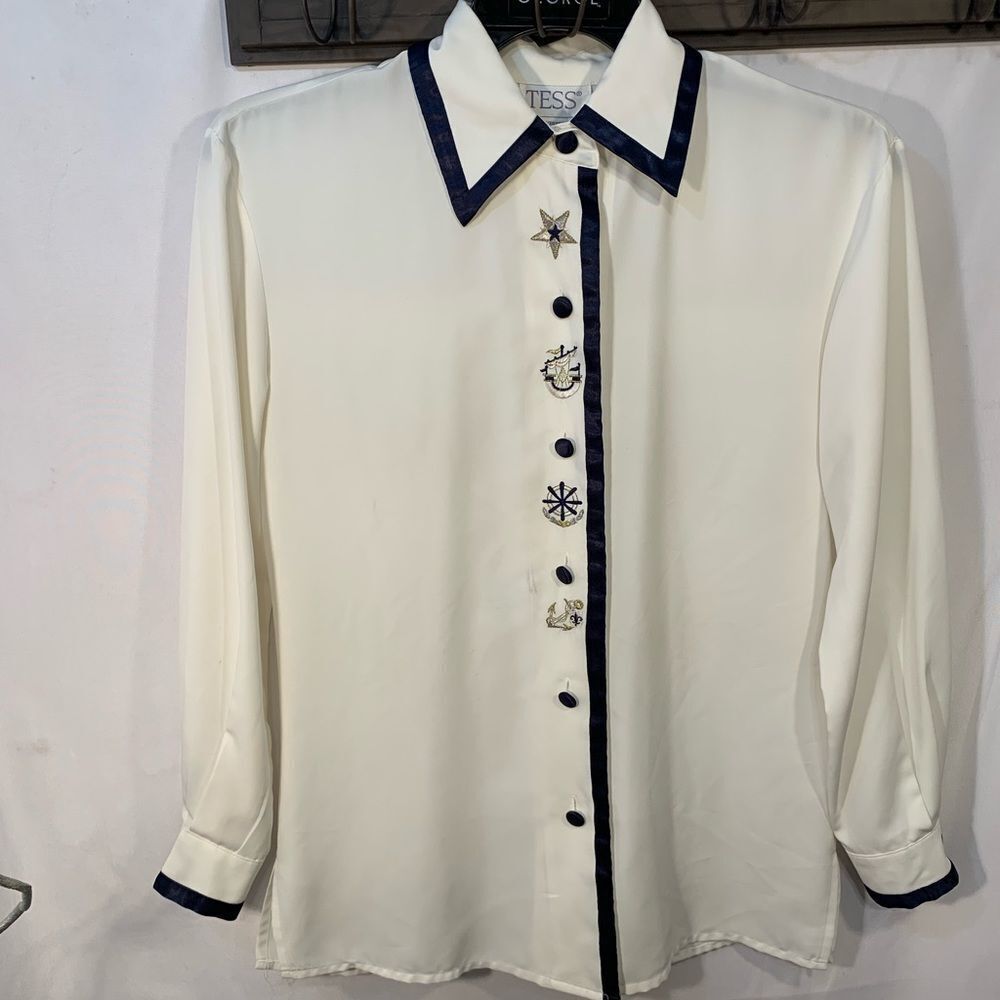 TESS Vintage Women’s Cream Navy Nautical Button Blouse